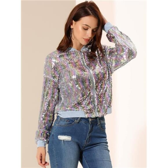 Women's Sequin Jacket Casual Long Sleeve Zipper Fall Winter Shiny - Picture 2 of 5